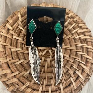 Authentic Malachite and Sterling Silver Feather Earrings